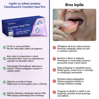CleraNaure® Comfort Seal Pro • Do 96 ur varne pritrditve • 💧 Vodoodporno • 🌡️ ThermoBond tehnologija • Udobno prileganje 🦷