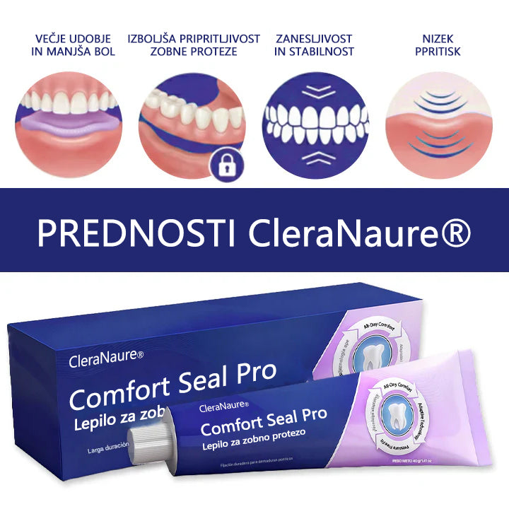 CleraNaure® Comfort Seal Pro • Do 96 ur varne pritrditve • 💧 Vodoodporno • 🌡️ ThermoBond tehnologija • Udobno prileganje 🦷
