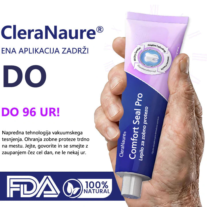 CleraNaure® Comfort Seal Pro • Do 96 ur varne pritrditve • 💧 Vodoodporno • 🌡️ ThermoBond tehnologija • Udobno prileganje 🦷