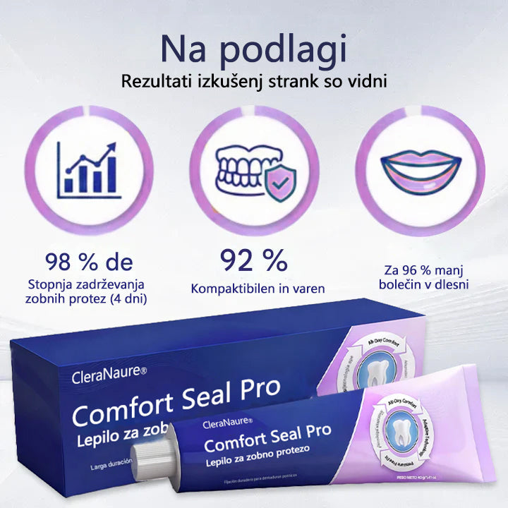 CleraNaure® Comfort Seal Pro • Do 96 ur varne pritrditve • 💧 Vodoodporno • 🌡️ ThermoBond tehnologija • Udobno prileganje 🦷